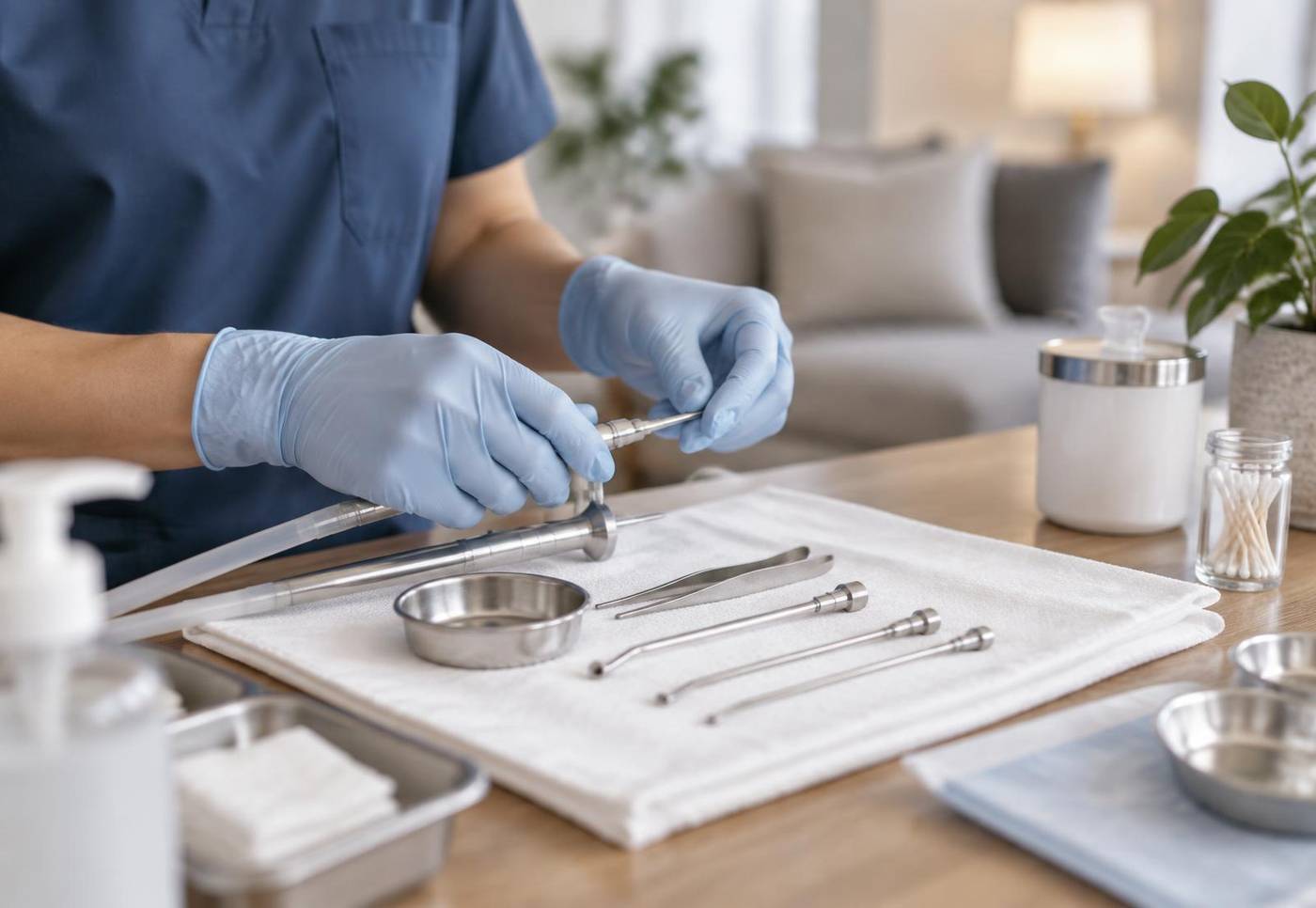 Sterile ear microsuction instruments laid out on a white cloth in a home setting